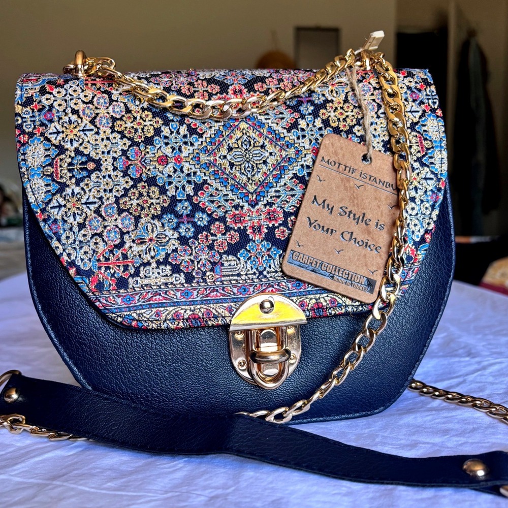 Mottif Istanbul Carpet Collection Crossbody Bag Navy Blue Woven Tapestry Turkey